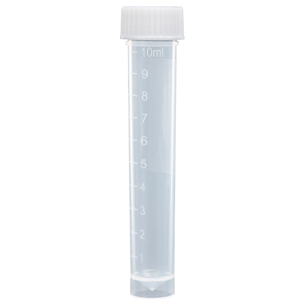 Globe Scientific Transport Tube, 10mL, with Attached White Screw Cap, PP, Conical Bottom, Self-Standing, Molded Graduations Storage Tubes; Transport Tubes; Specimen Tubes; Self standing tube